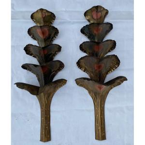 1970′ Pair Of Patinated Brass Sconces Allegory Ginkgo Foliage With 4 Bulbs Symbol Longevity