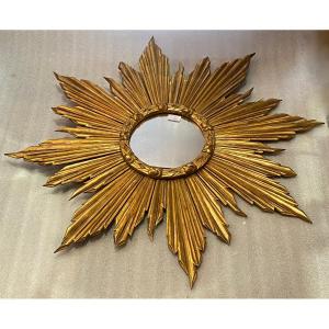 1950′ Flat Sun Mirror, Golden Wood 90 Cm