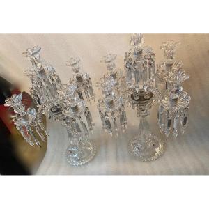 1950′ Pair Of Candlesticks 4 Branches Beaded Bases And Signed In Relief Baccarat H 55 Cm
