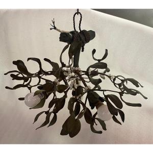 1900′ Art Nouveau Bronze Mistletoe Ball Chandelier With 3 Bulbs ∅ 44 Cm H 37 Cm Shaped Sockets