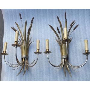 1950/70′ Pair Of Sconces + Chandelier In Gilt And Silver Bronze With Reeds Signed Maison Charles