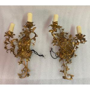 1950 Pair Of Sconces Making Pendant In Gilt Bronze Style Lxv