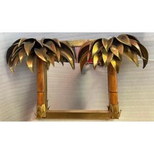 1970′ Mirror With Illuminating Palm Trees Brass Unique And Original Piece By Barbier/jansen/faure