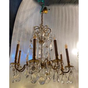 1950′ Chandelier Maison Baguès Bronze And Crystals + Pair Of Sconces H 70 Ø 70 Cm