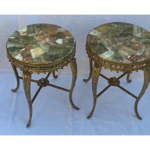 1970′ Pair Of Gilt Bronze Pedestal Lxv Style Onyx Marquetry Trays H 46, ø 37 Cm