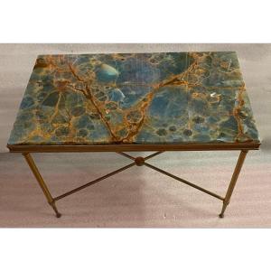 1950/70′ End Of Bronze Sofa, Blue And Rust Marble Or Onyx Top Maison Charles Signed, Spacer