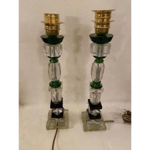 1940′ Pair Of Glass Lamps Reassembly With Old Elements, H 40 Shoulders Color Green