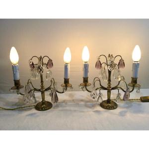 Pair Of Girandole Lamps In Bronze And Crystal