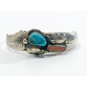 Silver, Turquoise And Coral Cuff Bracelet   