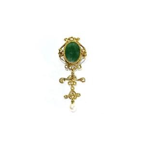 Gold, Jade And Pearl Pendant Brooch