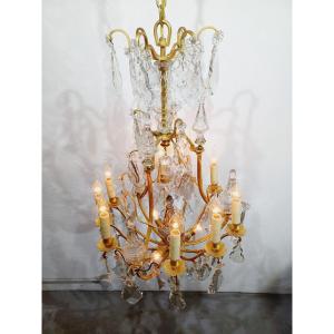 12-light Bronze And Crystal Cage Chandelier