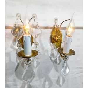 Pair Of 1-light Bronze And Crystal Wall Lights