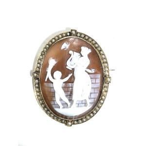 Shell And Pearl Cameo Brooch