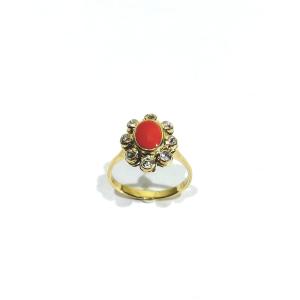Gold Ring With Diamonds And Red Coral