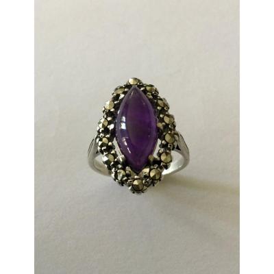Silver Ring, Amethyst, Quartz And Marcasites
