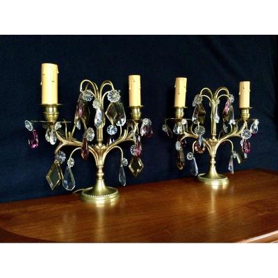 Pair Of Girandoles In Bronze And Crystal