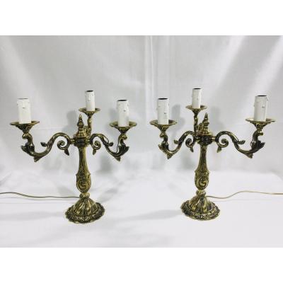 Pair Of Girandoles 3 Lights In Bronze