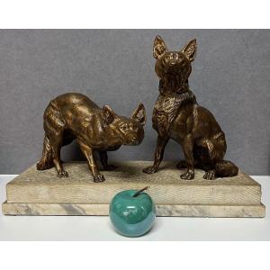Thomas François Cartier (1879-1943) Bronze Sculpture "german Shepherds" On Terrace