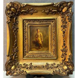 Oil On Wood Panel, Woman With Basket, Signed Lp, Jean Baptiste Le Prince?