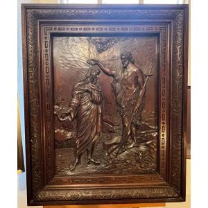 Large Carved Wooden Bas-relief, 17th Century, The Baptism Of Christ By Jean-baptiste