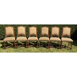 Set Of 6 Louis XIII Style Chairs In Carved Oak, X-shaped Crossbar, Needlepoint Upholstery 