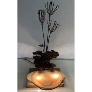 Sculptural Lamp, Brass Structure And Agate Plate By Henri Fernandez, France, 1970s
