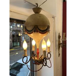 Small Hot Air Balloon Chandelier In Painted Sheet Metal Commemorating The French Revolution, 1950s