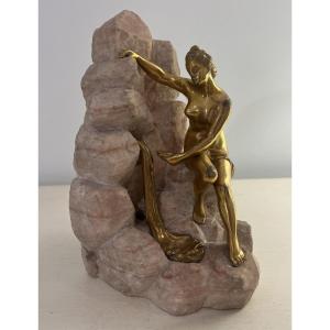 Henri Fugère (1872-1944) Gilt Bronze Sculpture On Aragonite Stone, Woman At The Fountain
