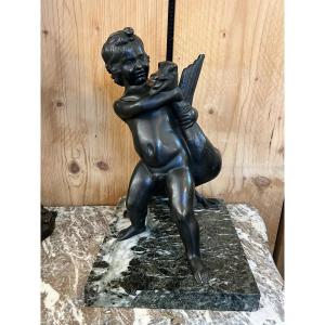 Early 20th-century Bronze Sculpture Depicting A Boy With A Goose