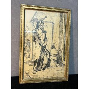 Nicolas-toussain Charlet, Drawing Of A Soldier In Brown Wash, Military Scene