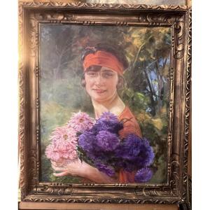 Oil On Panel Of A Woman With Peonies, Signed Georges Achille-fould (1868-1951)