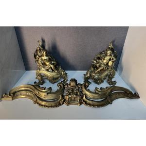 Pair Of Solid Bronze Fireplace Andirons, 19th Century, Louis XV Style, Decorated With Putti 
