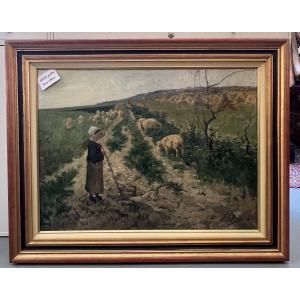 Framed Oil Painting On Canvas Signed Henry Alizon (1887), Shepherdess And Her Sheep