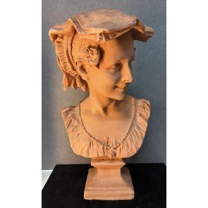 Antique Terracotta Sculpture: Replica Of "laughing Neapolitan Girl" By Jean-baptiste