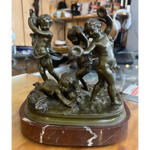 Group Of 19th-century Bronze Putti Musicians On A Marble Base, Signed Claudian
