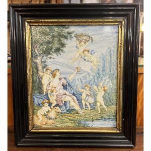 19th-century Italian Earthenware Plaque, Decorated With Putti Depicting "love," In A Blackened Wood Frame