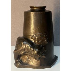 Art Deco Vase In Solid Bronze By Alfredo Biagini (1886-1952), Decorated With Lionesses
