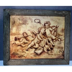 Wood Paneling – Oil On Canvas Overdoor Panel With Putti Decoration, 18th Century