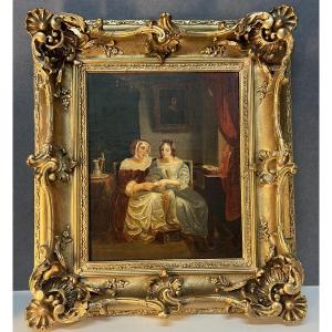 Early 19th-century Oil Painting On Canvas, Interior Scene, Two Seated Women, Carved Frame