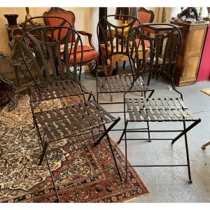 Set Of 4 Folding Garden Chairs In Wrought Iron And Riveted, 19th Century, Napoleon Model