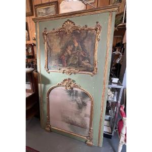 Antique Louis XV Trumeau In Painted And Gilded Wood From The 18th Century, Oil On Canvas, Gallant Scene