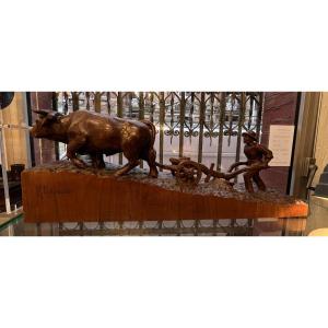 Carved Wooden Sculpture Signed R. Géroudet, Depicting A Team Of Oxen And A Peasant