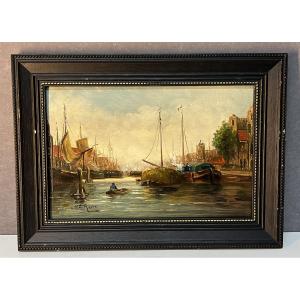 Willem Matthijs Maris (1872-1929), Oil Painting On Panel, Depicting Boats In A Harbor