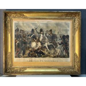 Antique Gouache Painting Depicting The Battle Of Waterloo, In A Restoration-era Frame