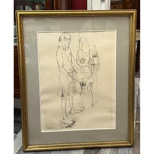 Large Ink Drawing By Jean Jansem, Depicting A Group Of Female Figures