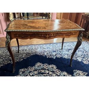 Desk, Marquetry Rosewood Table, Bronze Ornaments Dating From The Late 19th Century.