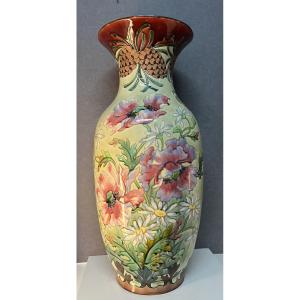 Large Longchamp Porcelain Vase, Ironstone, With Floral Enamel Decoration, Height 73 Cm