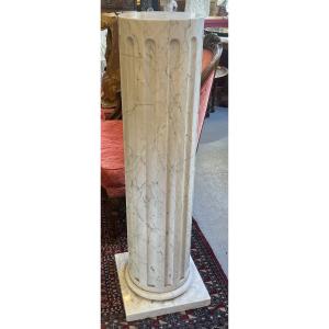 Grey-veined Solid White Marble Column With Vertical Fluting, 110 Cm