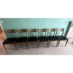 Suite Of Six Vintage Scandinavian Chairs. Seat In Black Skai, Eros Edition Circa 1960
