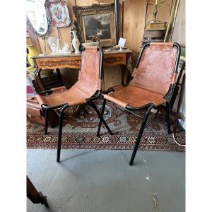 Pair Of Metal And Leather Chairs, After Charlotte Perriand For Les Arcs, Circa 1960
